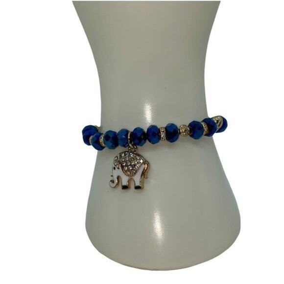 NWT Blue Beaded Gold-Tone Rhinestone Elephant Pendant Stretch Bracelet - Picture 1 of 7